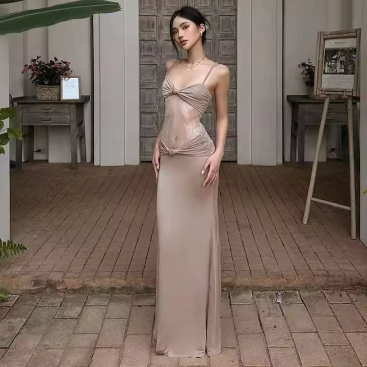 CUTENOVA Camisola Elegante Para Mujer De Color Sólido Con Espalda Descubierta Y Volante Lace Translúcido Vestido Largo De Fiesta - 1
