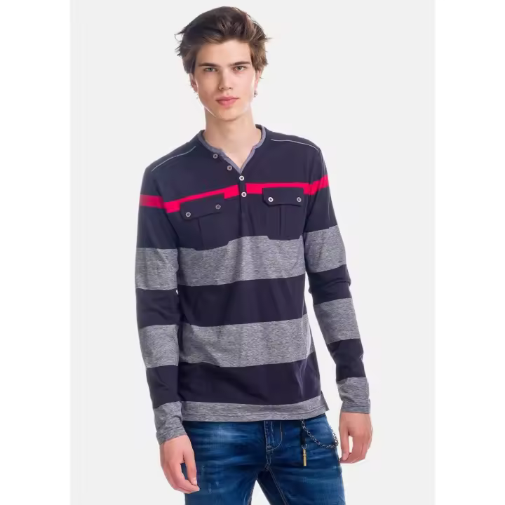Koroshi - Camiseta manga larga para hombre de algodón 100 % con diseño de rayas anchas, cuello mao y bolsillos funcionales de pecho - 1