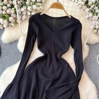 Vestido Largo Elegante Para Mujer Con Mangas Flared Y Volantes Cuello V Solido Bodycon Para Fiesta Y Oficina Polyester Mid-Calf - details 29