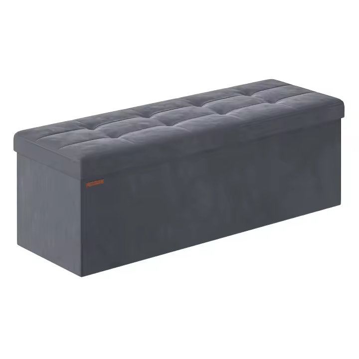SONGMICS Puff Almacenaje, Banco Almacenaje Terciopelo Plegable, Divisor Extraíble, 2 Cajas Almacenaje, 38 x 110 x 38 cm, Carga 300 kg, para Entrada, Sala de Estar, Dormitorio, Blanco Crema/Gris Paloma/Negro Tinta/Rosa Caramelo/Gris Pizarra - 1