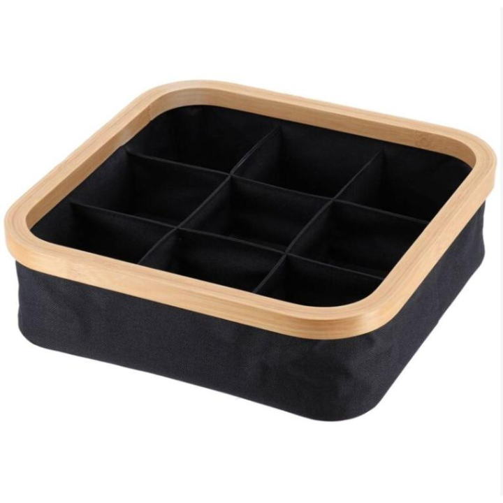 Bloom Store-Caja De Almacenamiento De Ropa Interior Organizador Joyas Sintió Organizador De Compartimentos para El Hogar Cesta De Almacenamiento Compartimiento Bambú Caja De Almacenaje，Cesta cuadrada plegable poliéster bambú flejado