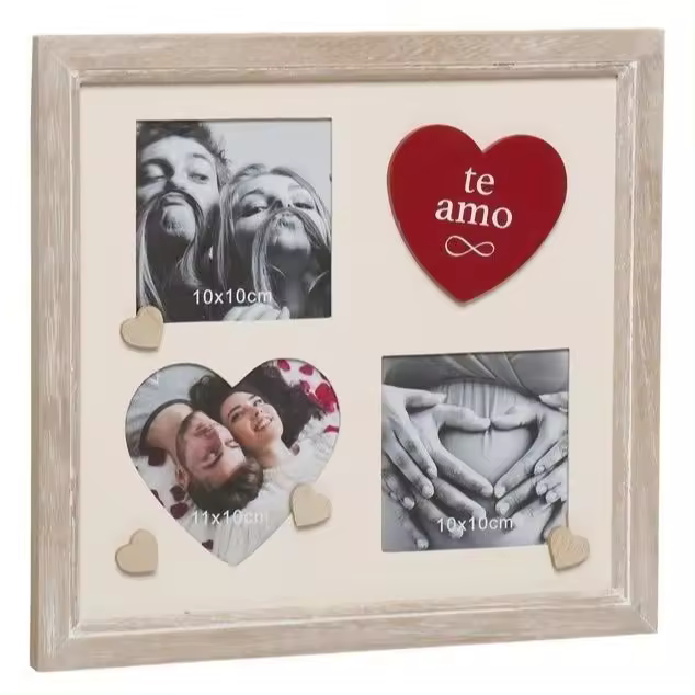 Portafotos Múltiple Amor con espacio para tres fotos (dos de 10 x 10 cm y una de 11 x 10 cm con forma de corazón) 29x1.5x27.5 cm - madera natural con la palabra “te amo” dentro de un corazón rojo - para colgar- ideal para demostrar tu amor - 1