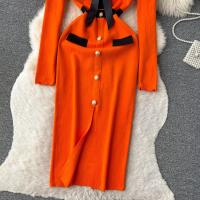 YuooMuoo Vestido Elegante Bodycon Para Mujer Con Cuello V Y Lazo Manga Larga Split Frontal Estilo Oficina Lady Chic Para Fiesta Y Trabajo - details 14