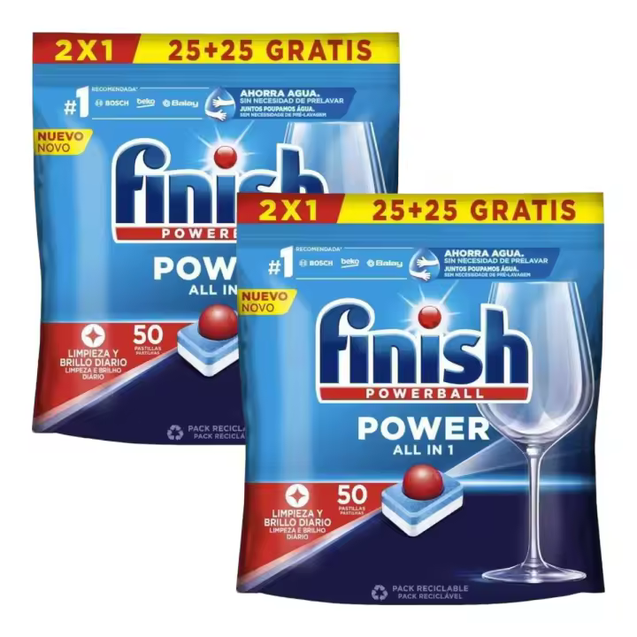 Finish Pack de 2 bolsas de Powerball Power All in 1 Pastillas para el Lavavajillas 50 Pastillas por bolsa (100 pastillas en total) - 1