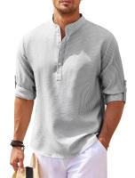 Camisa Larga Para Hombre Estilo Europeo Y Americano Cuello Erguido Botones Parcialmente Abiertos Casual Pirul Plaid Otoño - details 2