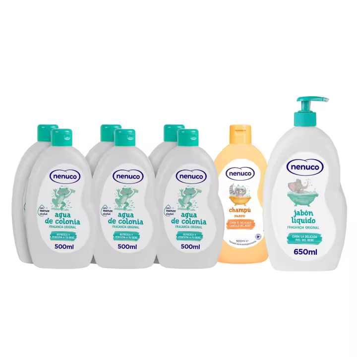 Nenuco Pack Cuidado Diario Bebé | 6x Agua de Colonia Original 500 ml + Jabón Líquido 650 ml + Champú Suave 500 ml | Con Menos Alcohol, Aloe Vera y Leche de Almendras | Sin Lágrimas | Dermatológicamente Testado - 1