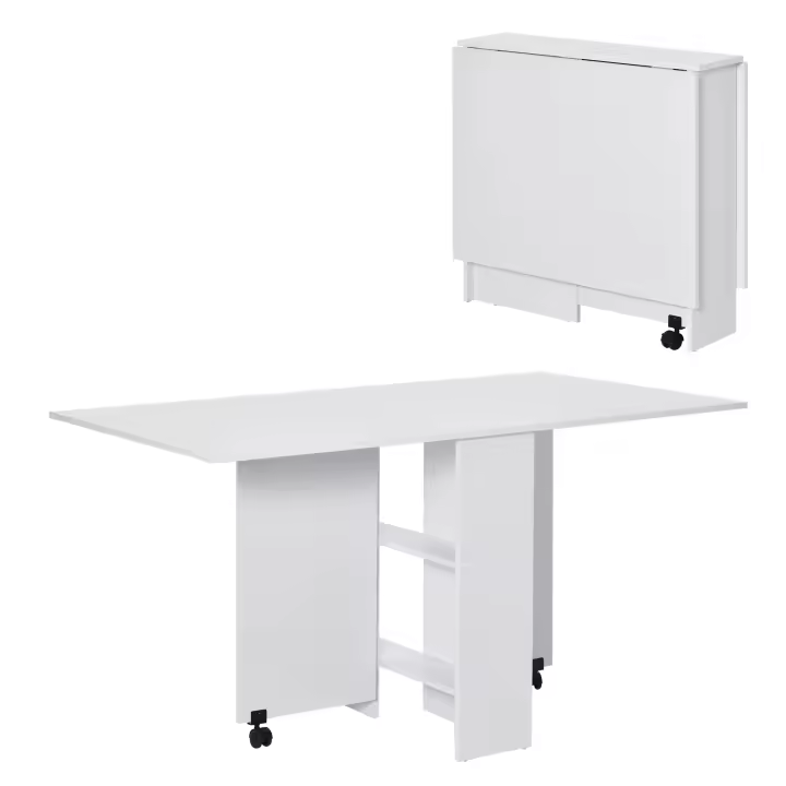 HOMCOM Mesa de Comedor Plegable Mesa de Madera con 2 Solapas 2 Estantes de Almacenaje y Ruedas para Cocina 80x140x74 cm - 1