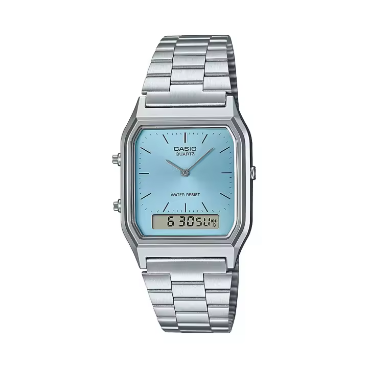 RELOJ CASIO AQ-230A-2A1MQYES RETRO VINTAGE EDGY COLLECTION DE HOMBRE ESFERA AZUL CLARO ACERO ANALOGICO-DIGITAL - 1