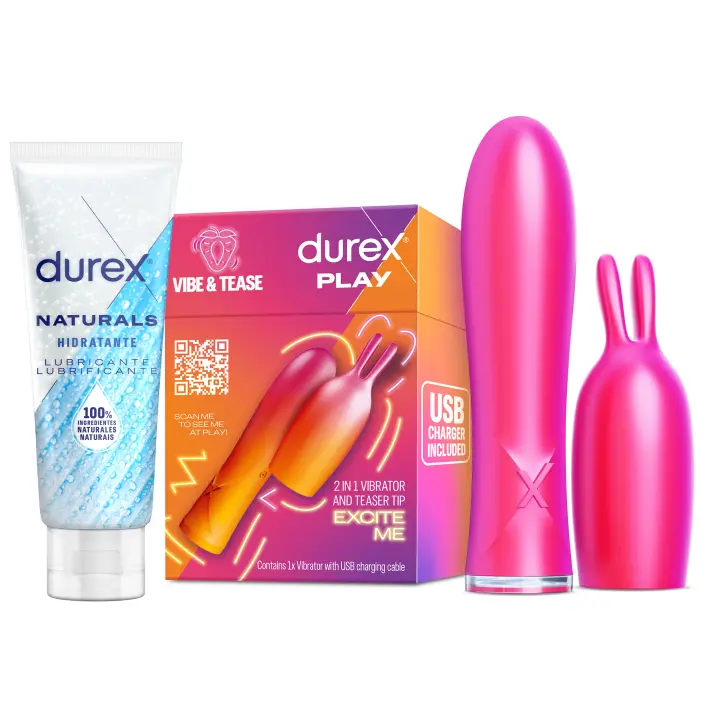 Durex Conejito Vibrador 2 en 1 VIBE & TEASE + Lubricante Naturals Hidratante 100ml, Punta Estimuladora, Juguete Sexual para Mujer, Hombre y Pareja - 1