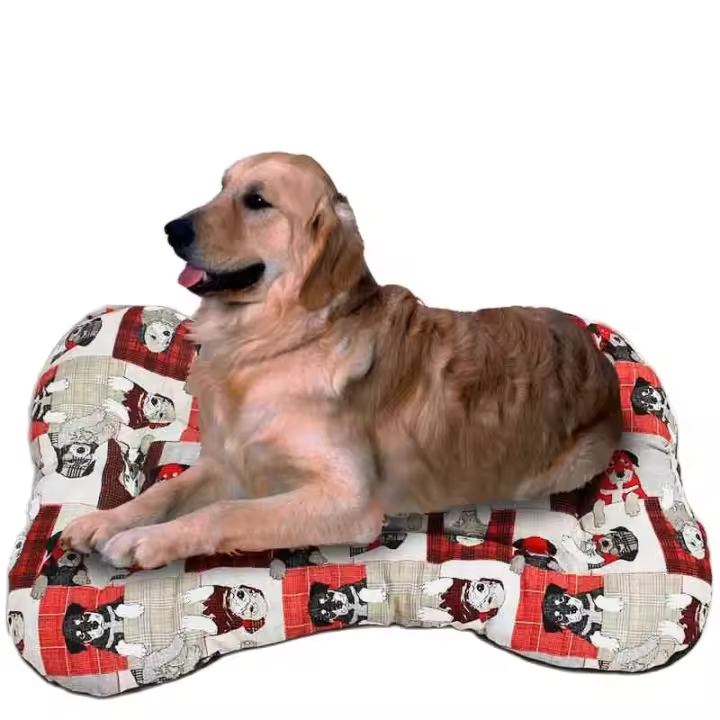 Cama para mascotas Camacan forma hueso acolchada estampado cachorros rojo 100x70 cm - 1