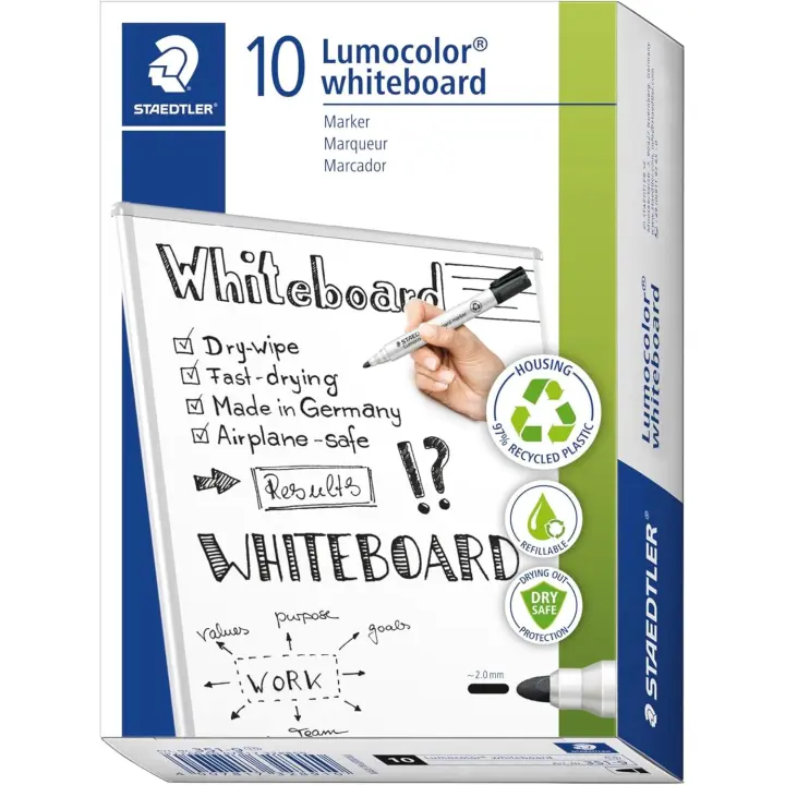 STAEDTLER Marcador Lumocolor Whiteboard VERDE 2.0mm, secado rápido y recargable. Caja con 10 Unidades (351-5) - 1