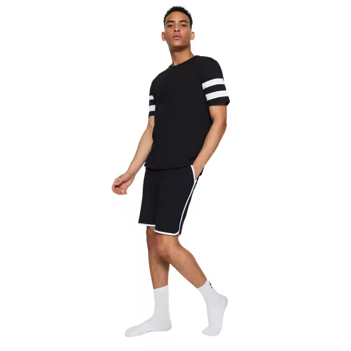 Trendyol Black Regular Fit Crew Neck Pajama Set With Striped Shorts Tmnss23Pt00001 - 1