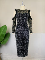 Vestido De Velours Negro AOMEI Para Mujer Con Lentejuelas Y Encaje Manga Larga Vintage Escote Hombro Frío Lujo Brillante Para Fiesta De Noche Y Premios - details 4