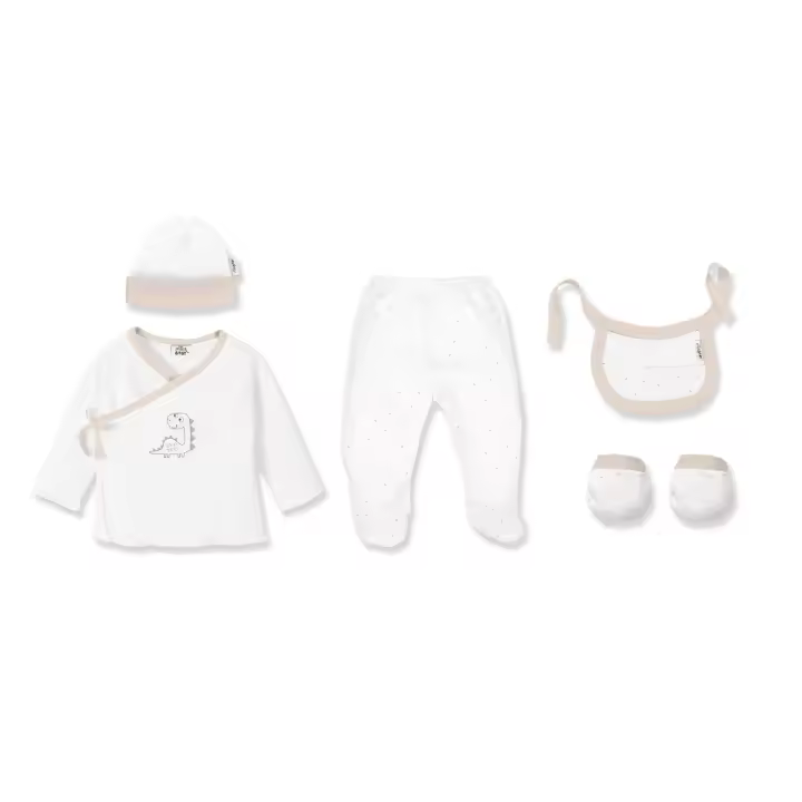 SET 5 PCS(CAMISA+CALÇA+LUVA+BAVETE+MEIAS)+RECÉM-NASCIDOS(0-6 MESES)-100%ALG.-MOD. DINOSAURO-BEIGE - 1