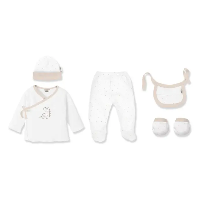 SET 5 PCS(CAMISA+CALÇA+LUVA+BAVETE+MEIAS)+RECÉM-NASCIDOS(0-6 MESES)-100%ALG.-MOD. DINOSAURO-BEIGE - 1