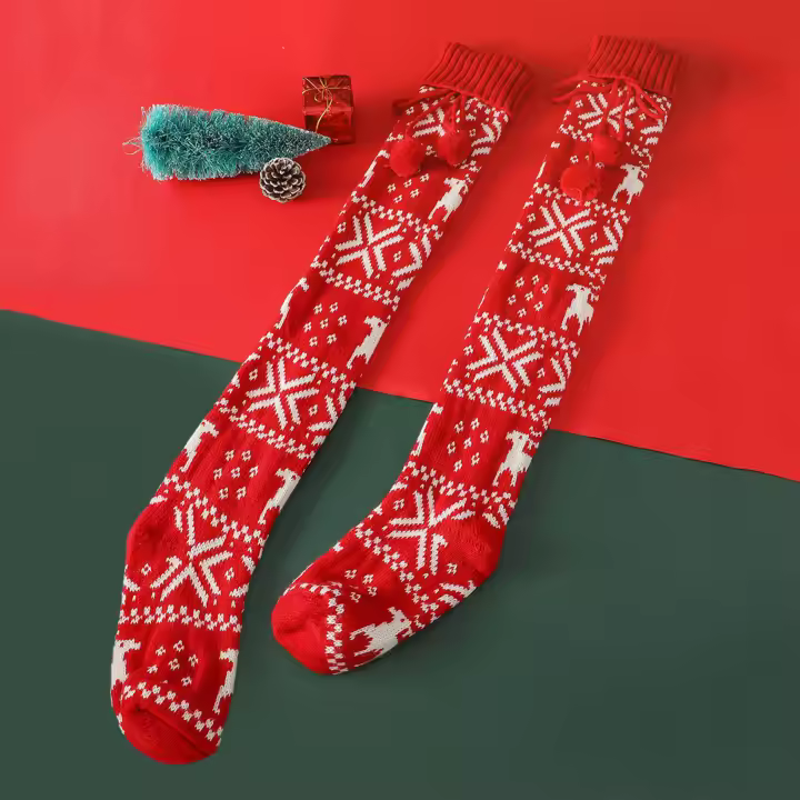 Calcetines De Navidad Para Mujer Con Patrón De Reindeer Over-the-Knee Gruesos Y Calurosos Con Pompom Calcetines De Invierno - 1