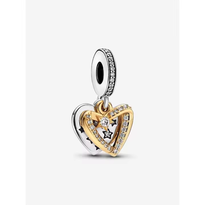 Pandora - Charm Doble Colgante de Estrella Fugaz con Corazones-Plata de Legislación, Baño de Oro de 14 K - 1