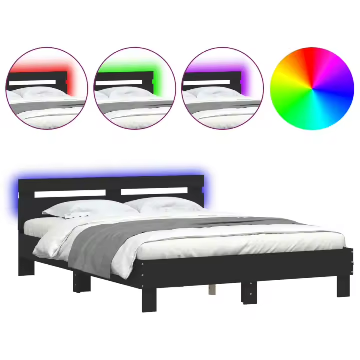 vidaXL Estructura de cama con cabecero y luces LED negro 140x200 cm - 1