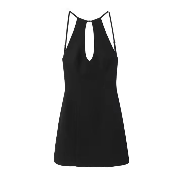 Vestido Corto De Verano Para Mujer Zach Ailsa 2024 Sexy De Color Negro Con Espalda Abierta Y Decoración De Cierre Vestido De Manga Sin Mangas Cuello En V Estilo Casual - 1