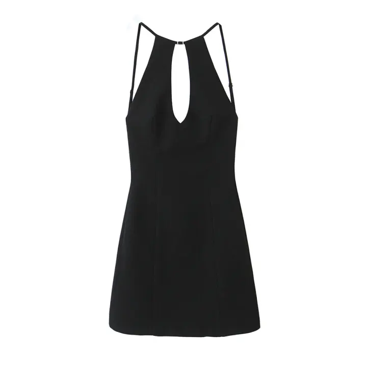 Vestido Corto De Verano Para Mujer Zach Ailsa 2024 Sexy De Color Negro Con Espalda Abierta Y Decoración De Cierre Vestido De Manga Sin Mangas Cuello En V Estilo Casual - 1