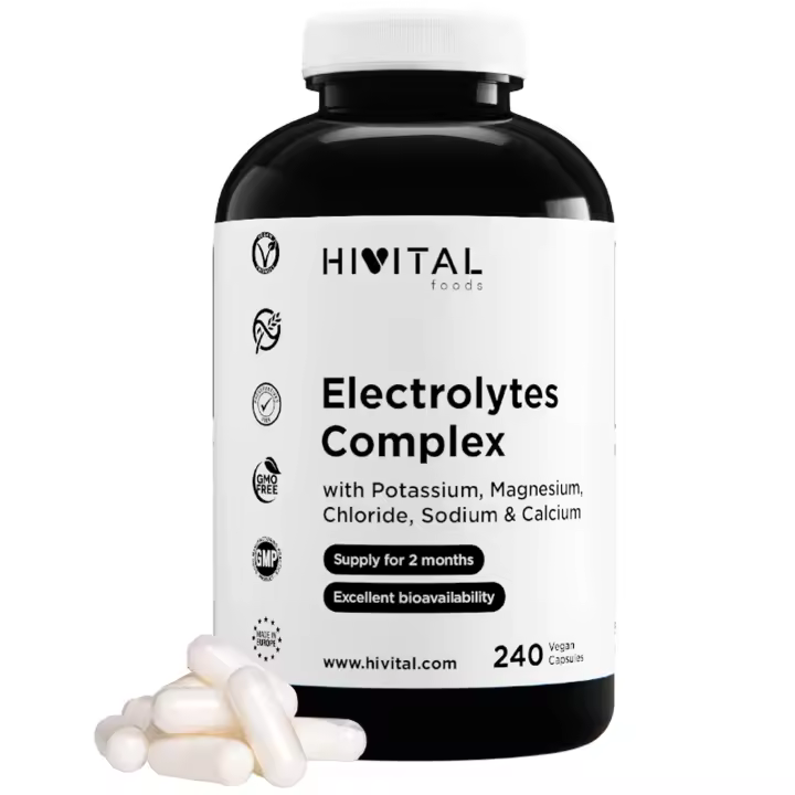 Electrolitos Complex. 240 cápsulas veganas para 2 meses de tratamiento. Con las Sales Minerales: Potasio, Magnesio, Cloruro, Sodio y Calcio. Dosis óptima que restaura el equilibrio electrolítico. Hivital - 1