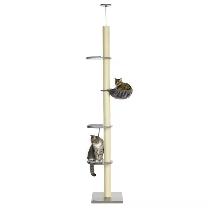 PawHut Rascador para gatos, altura del techo, 230-250 cm, árbol trepador con hamaca, árbol para gatos de altura ajustable, árbol de juegos con protección para las puntas, felpa, gris + blanco crema - 1