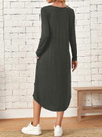 Vestido Largo Casual Para Mujer De Color Sólido Con Cuello En V Y Bolsillos Estilo Europeo Y Americano Para Otoño E Invierno Vestido Suelto Con Corte Curvo - details 1