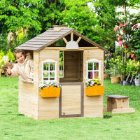 Outsunny Casa de Jardín Infantil de Madera Casa de Juegos Exterior para Niños de 3 -7 Años con Ventanas 2 Jardineras y 1 Banco 113x94x134,5 cm Natural - details 1
