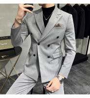 Traje De Negocios Slim Fit Doble Botón De Color Sólido Dos Piezas Coreano Elegante Para Hombres Con Pantalones Talla S-7XL - details 5