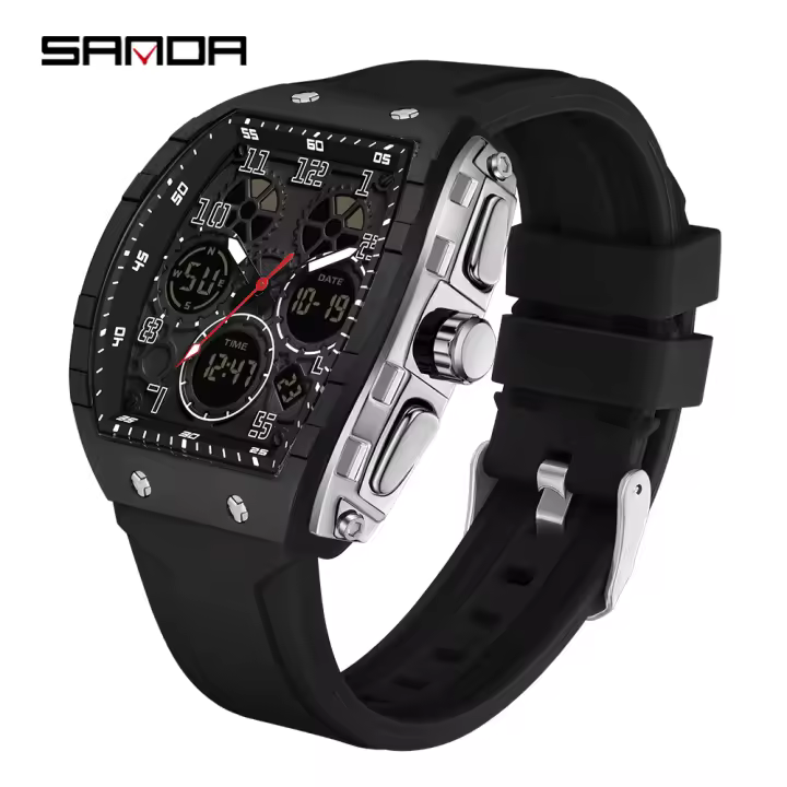 Reloj De Pulsera Digital SANDA Para Hombre Resistente Al Agua Con Display LED Y Múltiples Funciones Deportivas Y Militares De Silicona - 1
