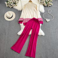 Conjunto De Ropa De Mujer REALEFT Otoño Invierno 2 Piezas Traje De Pista Tejido Con Cuello Alto Rayado Y Pantalones Rectos Polyester Estilo Casual - details 0