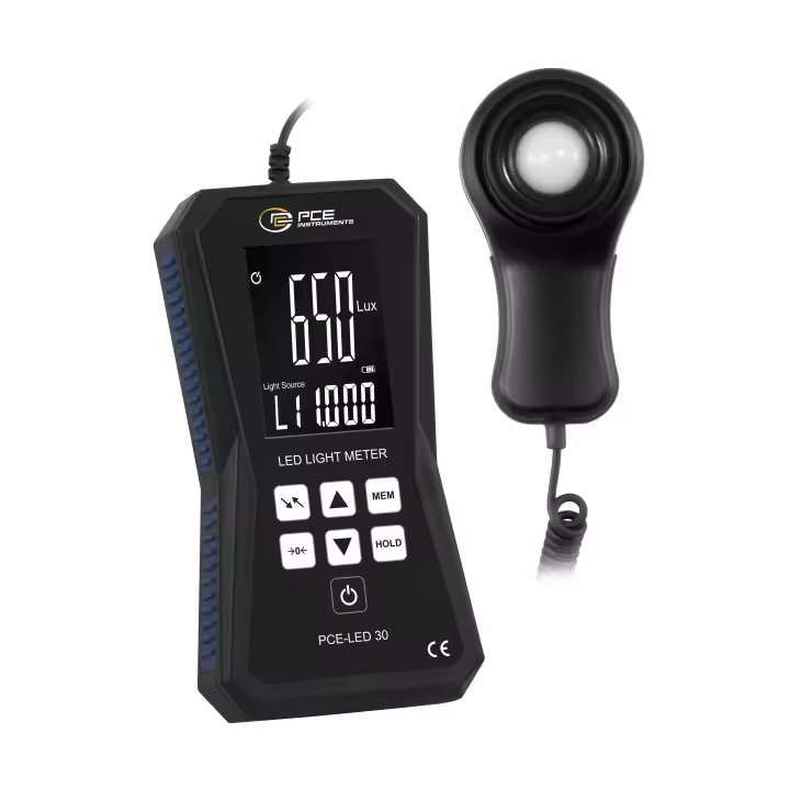 Controlador ambiental para luz LED para la medición rápida y precisa / 2,5 mediciones por segundo / Cable en espiral de 1,5 m / Ajuste cero / Selección de rango automática / Alimentación por pilas / PCE Instruments - 1