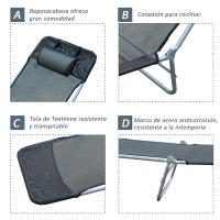 Tumbona Inclinable Plegable para Jardin Playa o Piscina con Almohada Acero y Textilene 182x56x24.5 cm Negro - details 5