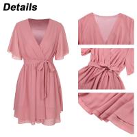 Vestido De Mujer En Chiffon Blanco Para Verano 2024 Cuello V Manga Corta Ajustado Estilo Coreano Vintage Longitud De Pierna Vestido Formal - details 5