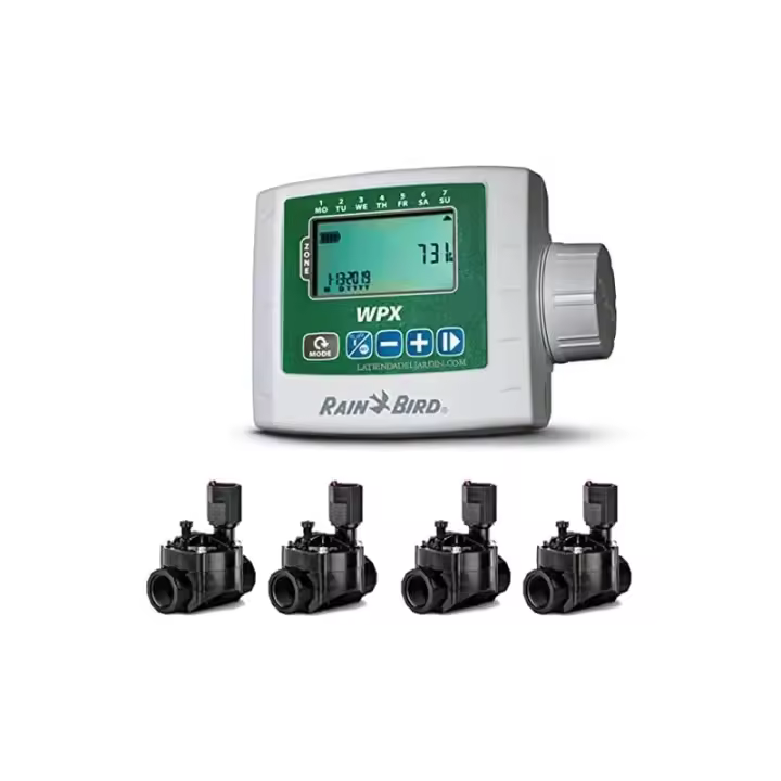 RAIN BIRD Kit Programador de riego a bateria WPX4 + 4 Electroválvulas de riego 100HV 9V 1'' Rain Bird - 1