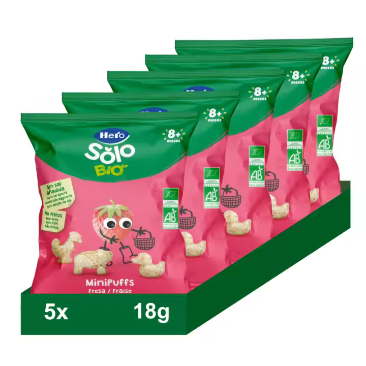 Snacks Hero Solo Bio. Minipuffs Trigo, maíz y Fresa. 5 bolsitas x 18g - 1