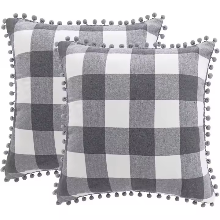 Funda de Cojín Cuadros Juego de 2 Fundas de Cojín Decorativas con Pompones Funda de Cojín Decorativa 45x45cm con Cremallera Oculta Gris y Blanco - 1
