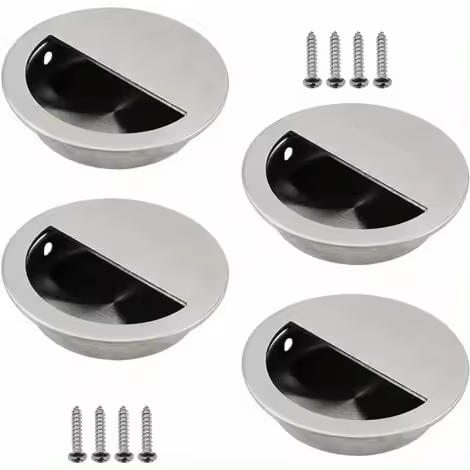 Juego de 4 tiradores empotrados de acero inoxidable plateado para puerta corredera redonda de Ø50 mm con un orificio semicircular de 40 x 20 mm, fácil de tirar, para puertas correderas u otros muebles - 1