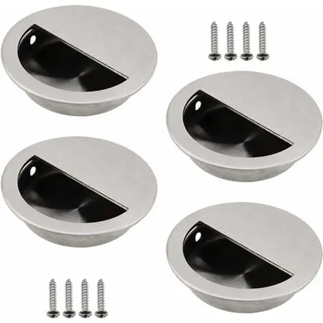 Juego de 4 tiradores empotrados de acero inoxidable plateado para puerta corredera redonda de Ø50 mm con un orificio semicircular de 40 x 20 mm, fácil de tirar, para puertas correderas u otros muebles - 1