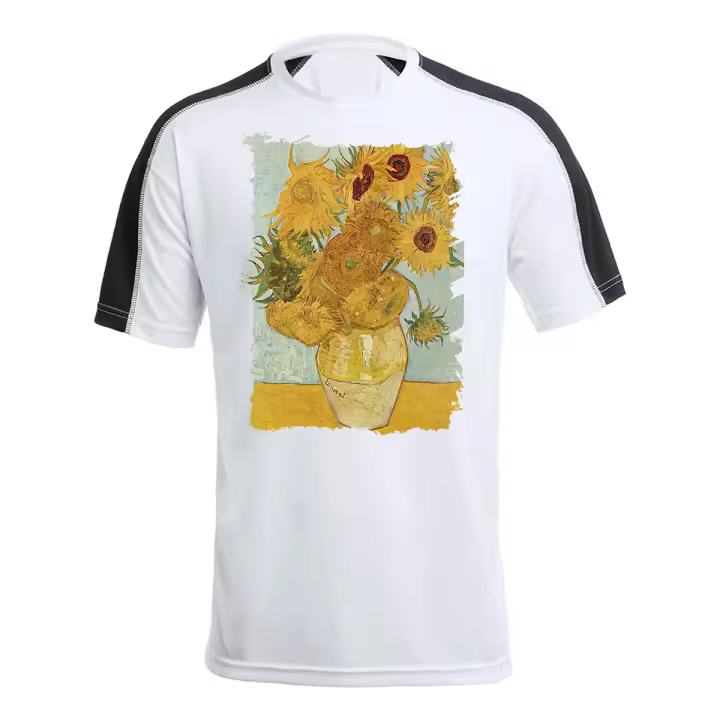 MERCHANDMANIA CAMISETA TÉCNICA FRANJA MANGAS NEGRA cuadro los girasoles Vincent van Gogh pintor tshirt - 1