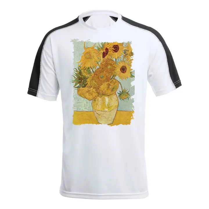 MERCHANDMANIA CAMISETA TÉCNICA FRANJA MANGAS NEGRA cuadro los girasoles Vincent van Gogh pintor tshirt - 1