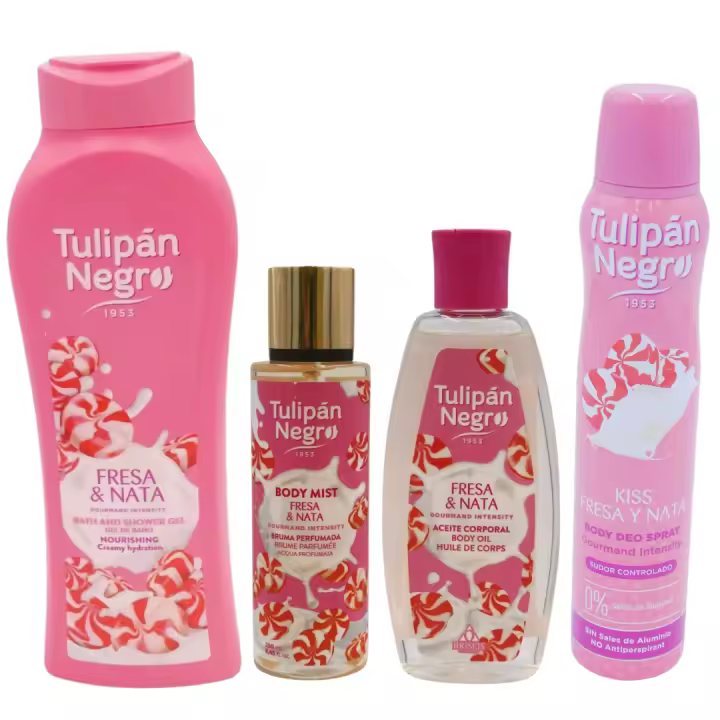 TULIPAN NEGRO PACK DE FRESA Y NATA CON 4 PRODUCTOS: Gel Fresa y Nata 650 ml + Body Mist "Fresa & Nata" 250 ml + Aceite Corporal "Fresa & Nata" 250 ml + Kiss Fresa y Nata Desodorante 200 ml PACK COMPLETO DE FRESA Y NAT A TULIPAN NEGRO CUIDA TU PIEL VERANO - 1