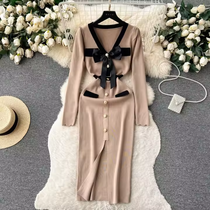 YuooMuoo Vestido Elegante Bodycon Para Mujer Con Cuello V Y Lazo Manga Larga Split Frontal Estilo Oficina Lady Chic Para Fiesta Y Trabajo - 1