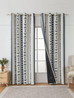 Cortinas De Blackout Total En Blanco Y Azul Con Patrón Circular Y Cuadrícula Pequeña Para Sala De Estar Y Dormitorio - details 1