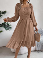 Vestido A-Line De Mujer Elegante Otoño Invierno Color Sólido Cuello Cuadrado Manga Larga Volantes Vestido Midi Casual Polyester Spandex - details 35