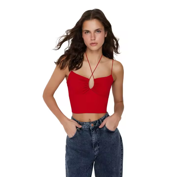 Trendyol Fuchsia Halter Spaghetti Strappy Cotton Stretchy Crop Knitted Undershirt Twoss23Al00046 - 1
