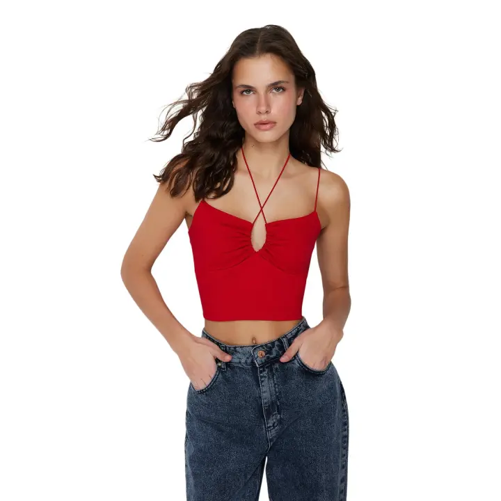 Trendyol Fuchsia Halter Spaghetti Strappy Cotton Stretchy Crop Knitted Undershirt Twoss23Al00046 - 1