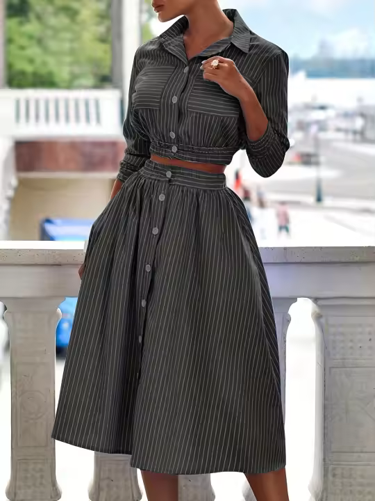 Conjunto De Vestido Elegante Para Mujer BAMBOOBOY Azul Rayado Con Manga Larga Botones Y Shorts Camisa De Cuello En V Y Falda Plisada Cintura Alta Talla MÁS GRANDE Estilo De Calle Moda Verano - 1