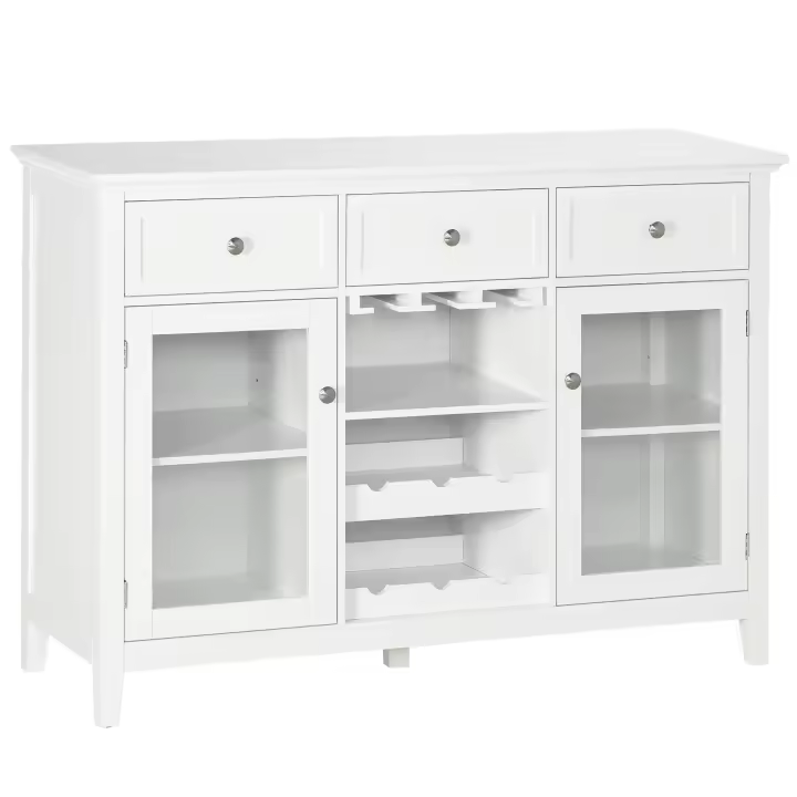 HOMCOM Aparador de Cocina Mueble Buffet Auxiliar con 2 Puertas de Vidrio 3 Cajones Botellero para 6 Botellas y Estante para 15 Copas para Comedor Salón Estilo Moderno Antivuelco 120x40x87 cm Blanco - 1