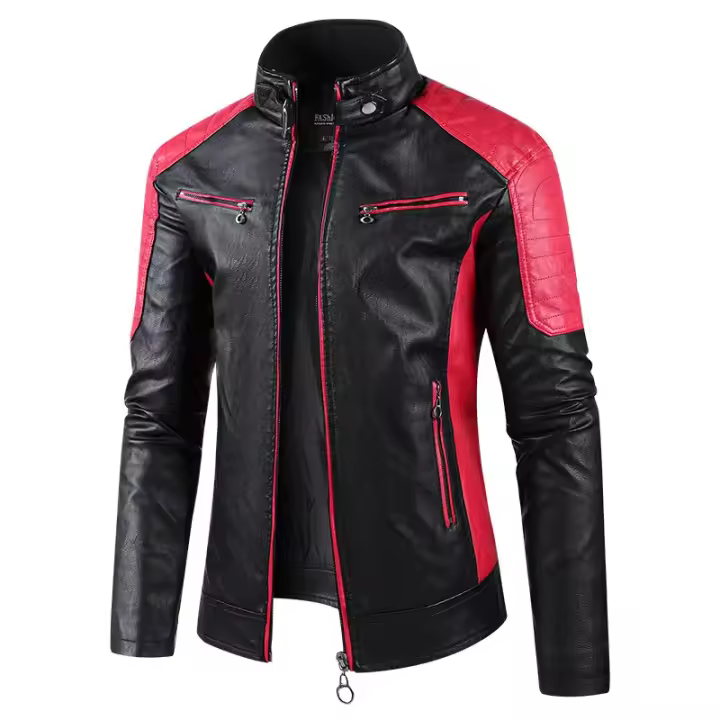 Chaqueta De Motocicleta De Cuero PU Para Hombres Con Cuello Erguido Y Bloque De Colores Equipamiento De Motocicleta Casual - 1